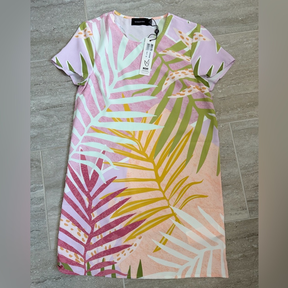 MINKPINK Tropical Print Shift Dress NWT Pink Palm Leaf Mini XS - Picture 5 of 10